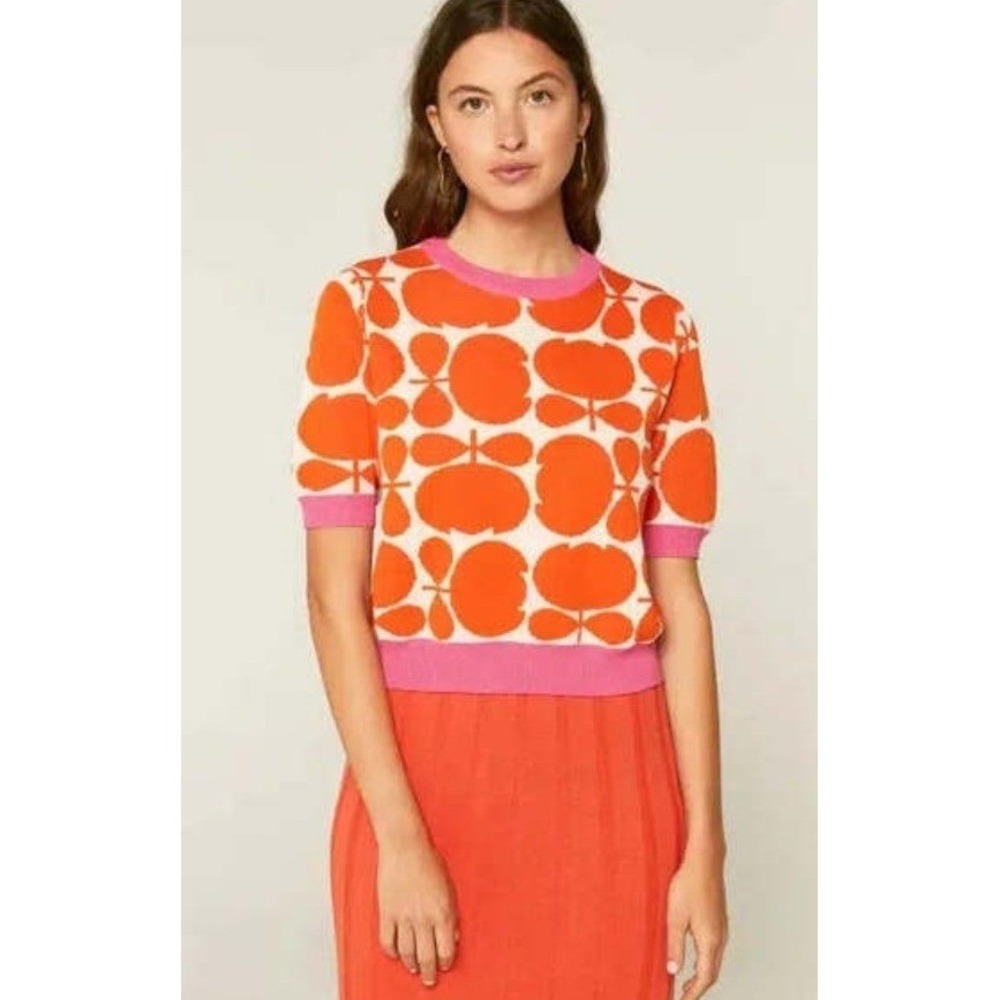 Compañía Fantástica Short Sleeve Sweater Womens M Orange Pink Floral Retro Mod